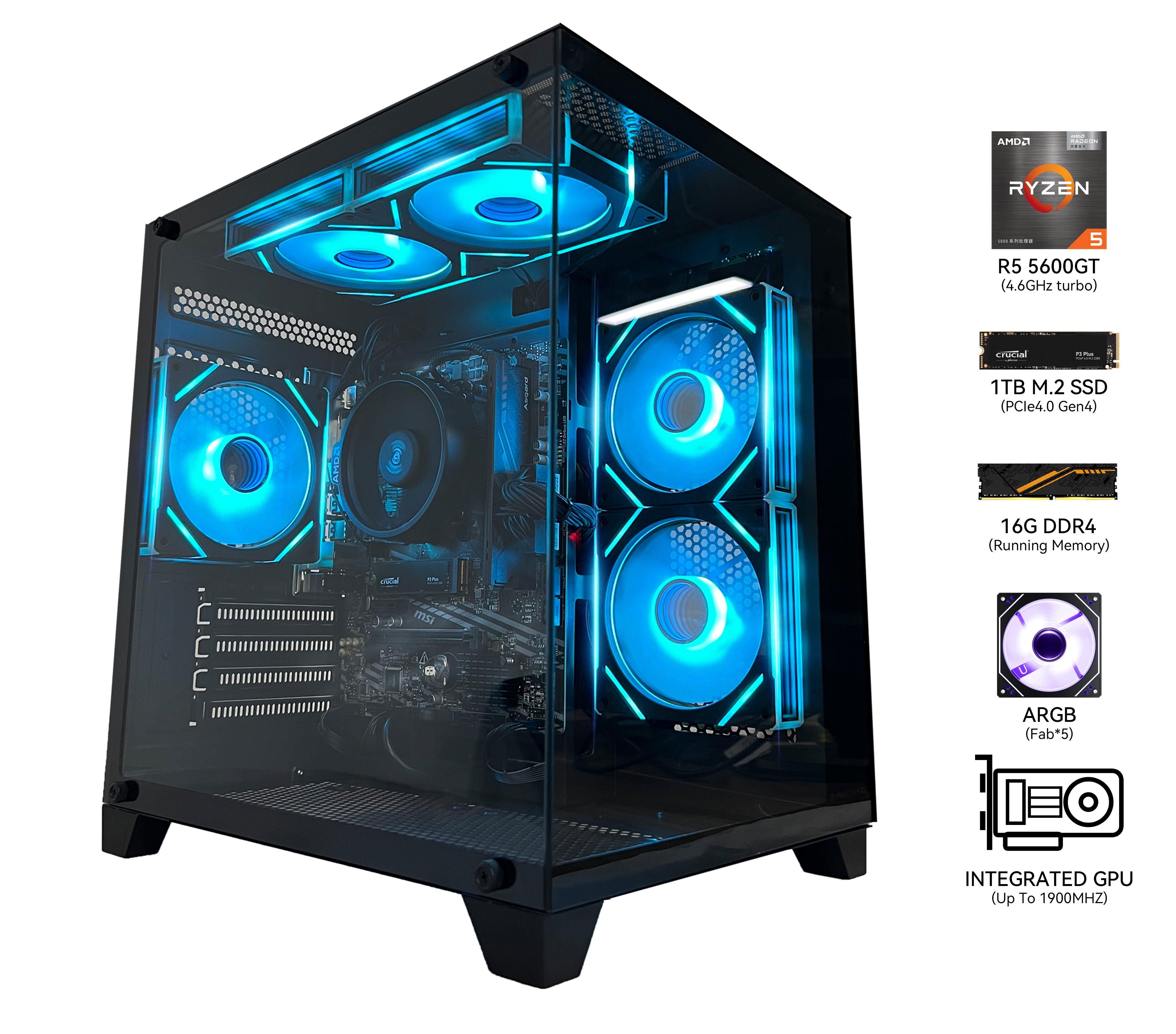 YAWYORE Gaming PC Desktop Computer,AMD Ryzen 5 5600GT,16GB RAM and 1TB M.2 NVMe PCle4.0,ARGB FAN,Wi-Fi+BT,Game Design Office console,Sea View Room,Prebuilt Gaming PC