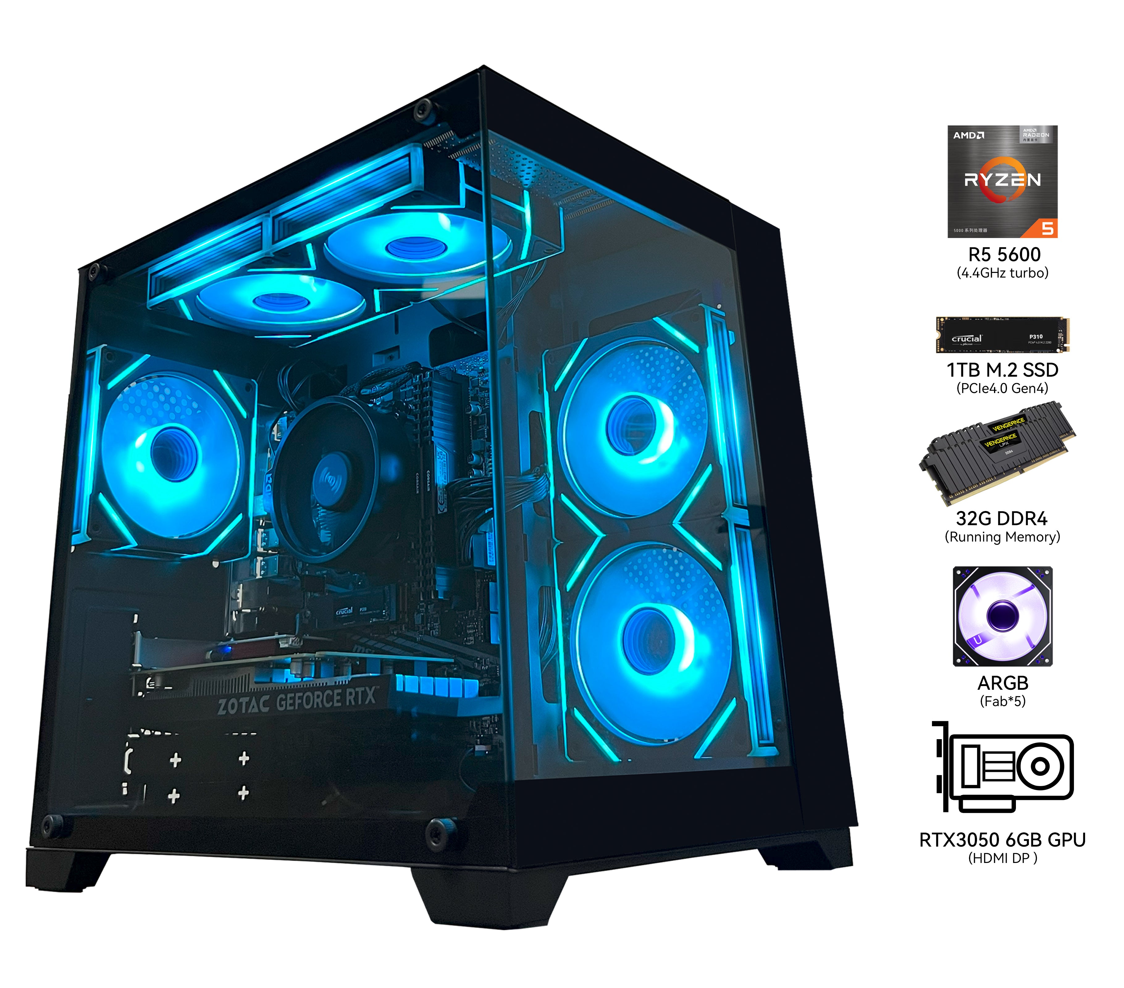 YAWYORE Gaming PC Desktop Computer,AMD Ryzen 5 5600,RTX3050 6GB,32GB DDR4 RAM and 1TB M.2 NVMe PCle4.0,ARGB FAN,WiFi+BT,Game Design Office console,Sea View Room,Prebuilt Gaming PC