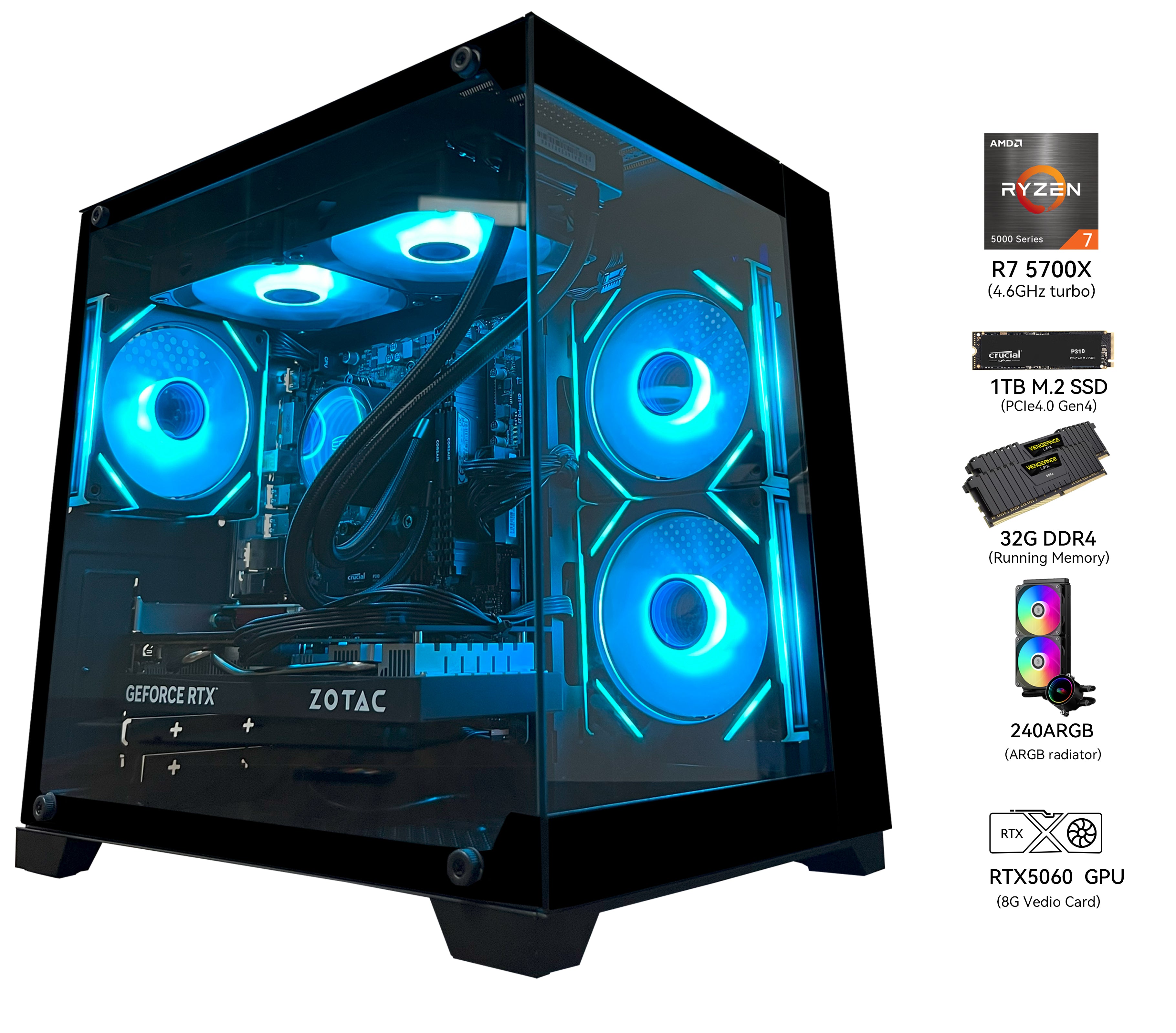 YAWYORE Gaming PC Desktop,AMD Ryzen 7 5700X,RTX5060 8G,MSI B550M,32GB DDR4 3200 RAM and 1TB M.2 NVMe PCle4.0,Liquid Cooler ARGB FAN,Wi-Fi+BT,Game Design Office console,Sea View Room,Prebuilt Gaming PC